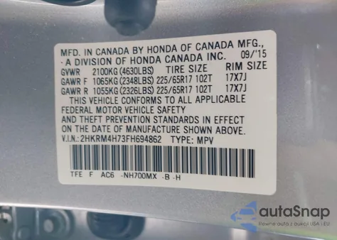 2015 Honda Cr-V Ex-L из США, поврежденный, VIN 2HKRM4H73FH694862